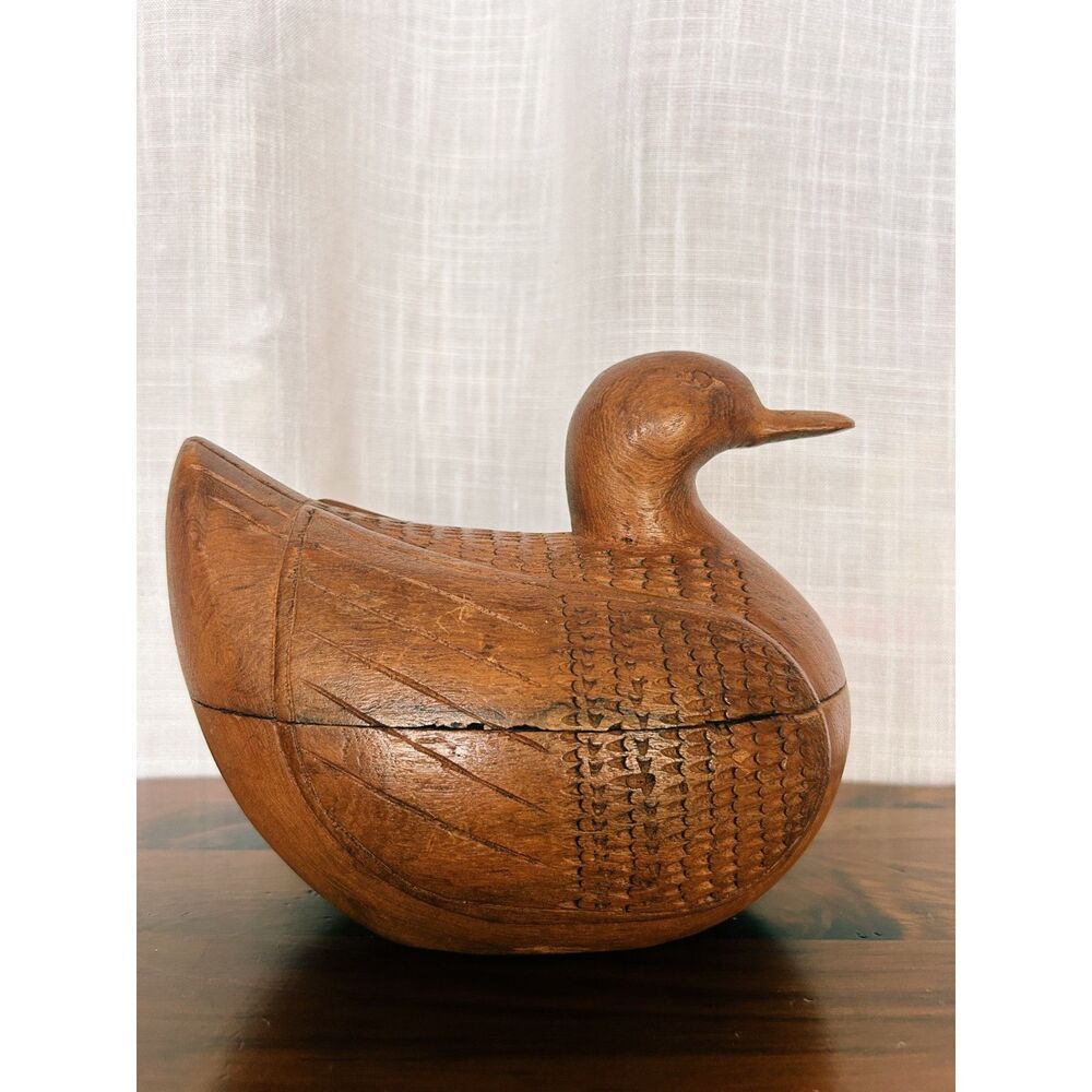 Vintage Hand-Carved Teak Wood Duck Trinket Box